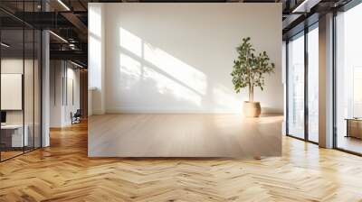 Empty room and wall and wooden floor with interesting with glare from the window. Interior background for the presentation. Generative AI Wall mural