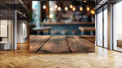 Empty wooden table with restaurant blur background. Generative AI Wall mural