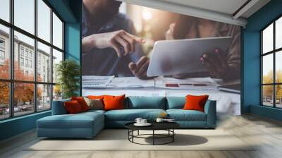 group of it consultant working by digital tablet and management big data and analyze financial docum Wall mural