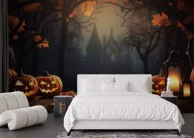 Halloween theme on wooden desk with copy space. thanksgiving. Generative AI Wall mural