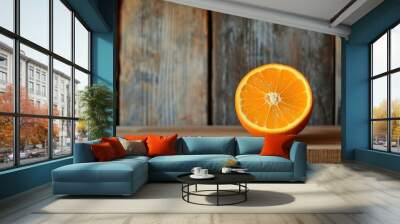 Orange fresh fruit on wooden table. Generative AI Wall mural