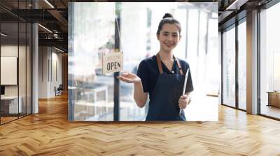 Portrait of asian woman barista cafe owner smile while cafe open. SME entrepreneur seller business concept. Wall mural