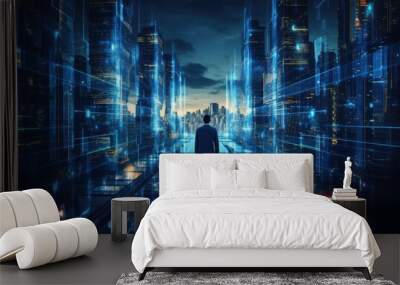 Shot of man walking Data Center, Database, Data storage, Backup, Cyber security and futuristic concept. AI Generative Wall mural