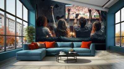 Sport fans party cheer and celebrating a winning tournament and watching TV at home. Generative AI Wall mural