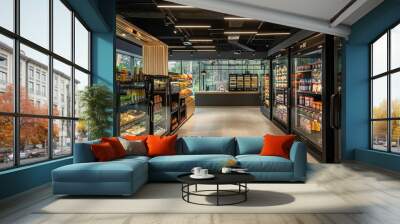 supermarket and shelves with fresh food and vegetable background Wall mural