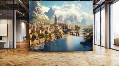 The fantasy city is located by the river a forest and mountain behind the city, and sunlight shines on the city. Generative AI Wall mural