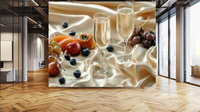 Two wine glasses filled with champagne are on a table with a bunch of grapes Wall mural