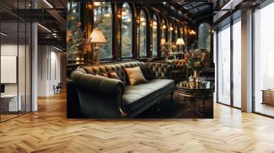 Velvet sofa inside a train car in the style of luxury, with a table and windows, light from lamps to illuminate. Generative AI Wall mural