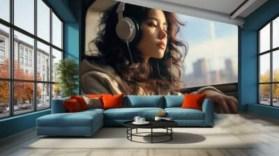 Young woman in headphones listening to music. Girl sitting near window. Generative AI Wall mural