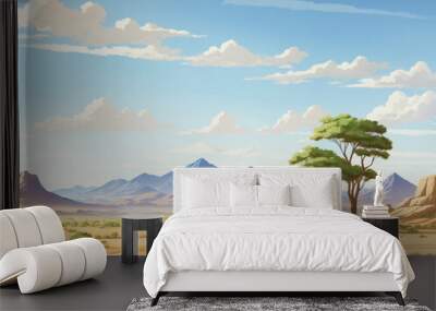 A landscape desert with trees and mountains in the background Wall mural