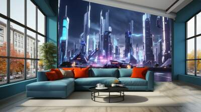 A scene depicting a futuristic with towering robots Wall mural