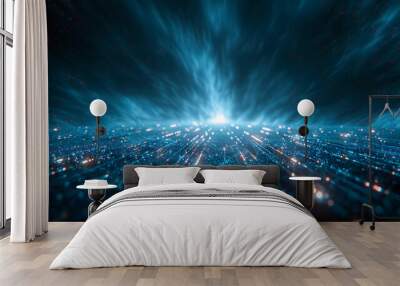 Abstract star burst background with blue laser beams and glowing lights Wall mural