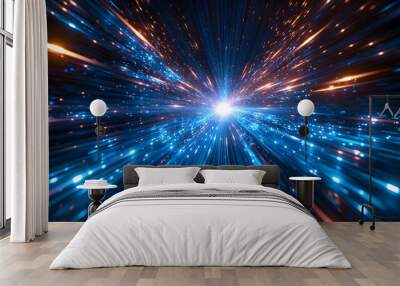 Abstract star burst background with blue laser beams and glowing lights Wall mural