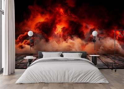 wooden tabletop with dark background of smoky explosion Wall mural