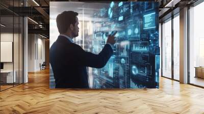 A business leader presenting future work strategies using interactive digital tools in a modern workspace Wall mural