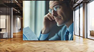 A businessman reviewing a financial report, deep in thought while planning economic strategies Wall mural