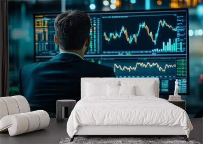 A financial market analyst tracking currency fluctuations in 2024 on a high-resolution display Wall mural