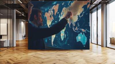 A logistics team managing shipping routes on a world map, coordinating international trade Wall mural