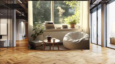 A serene reading nook by a window, with sunlight streaming in, a small table holding a steaming cup of tea, and a stack of books beside a comfortable bean bag chair Wall mural