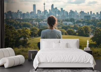 A young businesswoman sitting on a grassy hill, with the city skyline in the distance, thinking about work goals Wall mural