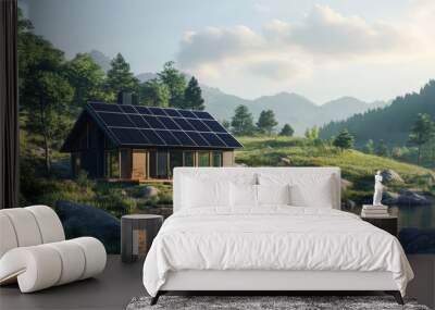 An off-grid solar solution powering a remote cabin, with solar panels on the roof and a serene natural landscape in the background Wall mural