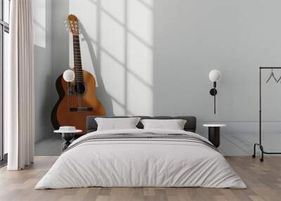 Brown guitar on white background in corner of room Wall mural