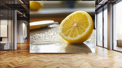 Half a lemon resting on a kitchen countertop, with droplets of juice visible on the surface and a knife in the background Wall mural