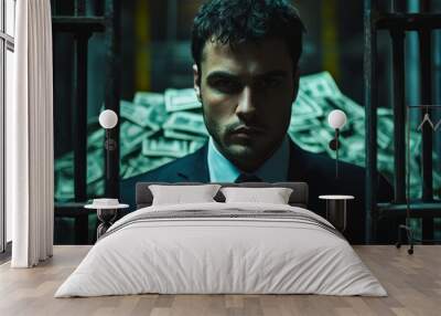 businessman in a dark prison cell, standing behind iron bars with a large pile of money in the background Wall mural