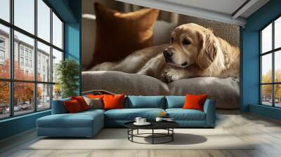 A Cozy HavenA Fluffy Dog Relaxing on a Plush Bed Surrounded by Gourmet Treats and Warm Natural Light Wall mural