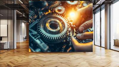 Close-up of hands assembling intricate machinery gears Wall mural