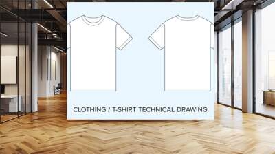 Blank T-Shirt Technical Drawing, Apparel Blueprint for Fashion Designers. Detailed Editable Vector Illustration, Black and White Tee Clothing Schematics, Isolated Background. 
 Wall mural