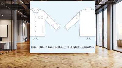 Coach jacket technical drawing template. Fashion streetwear editable vector, line art. Black and white clothing schematics. Wall mural