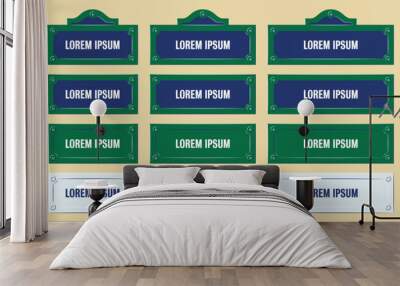 Parisian Street Signs, Name Plate Collection of Different Sizes, Paris Avenue Plate of Green, White and Blue Color. Famous City Design Details. Wall mural