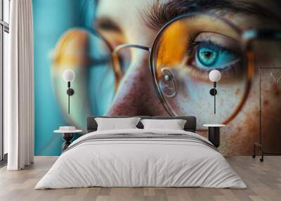 A woman with blue eyes is wearing glasses Wall mural