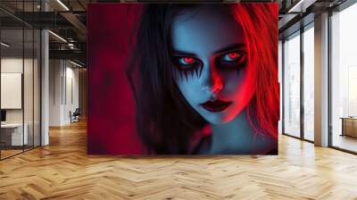 A woman with red eyes and black makeup is staring at the camera Wall mural