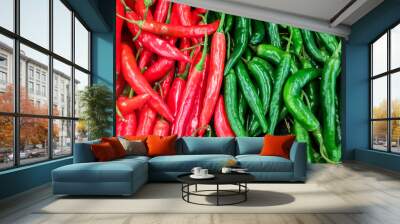 red and green chili peppers in traditional market Wall mural