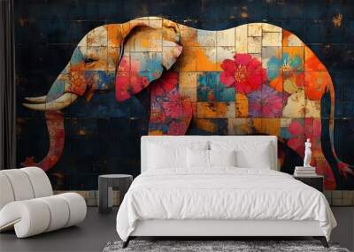 Auspicious Elephant with Modern Motifs: An elephant featuring contemporary motifs and bold design elements, symbolizing power and success Wall mural