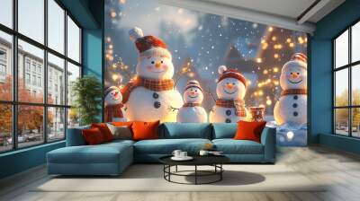 Cartoon family celebrating a winter festival with snowmen hot cocoa and festive lights Wall mural