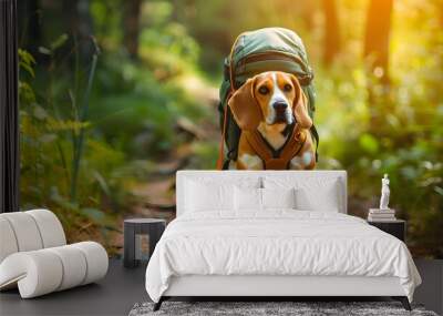 Cute Beagle dog with backpack on lush forest green background. Adventure hiking lifestyle concept Wall mural