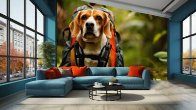 Cute Beagle dog with backpack on lush forest green background. Adventure hiking lifestyle concept Wall mural