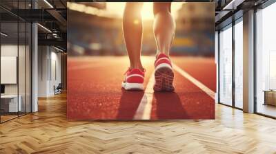 Close-up rear view of female athlete's feet preparing to run on the starting line of a running track in a stadium ,generative ai Wall mural