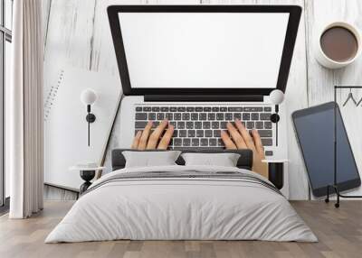 Overhead photo of a woman typing on laptop on white table with open notebook, coffee cup, blank screen smartphone ,generative ai Wall mural