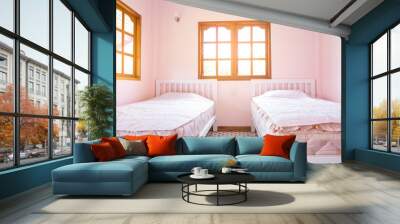 pink bedroom with two bed Wall mural