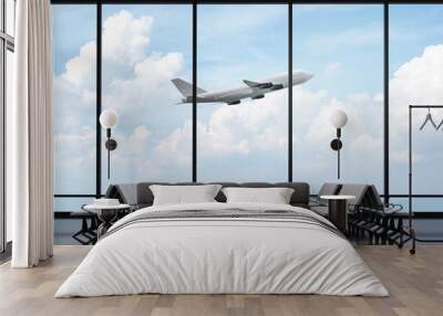 3D Rendering : illustration of at airport terminal. view from airport looked out. big window glass. airplane flying on blue sky background. travel around the world concept. ready for travel concept Wall mural