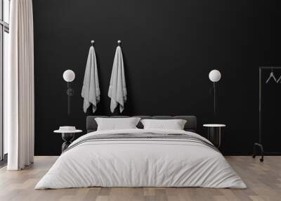 3d rendering : illustration of two piece of clean and white towel hanging on a black modern wall,lig Wall mural