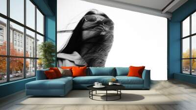 black and white portrait young asian woman with sunglass and her hair is blow,and eyey view,selectiv Wall mural