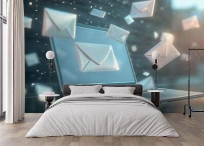 3d render of laptop with flying envelopes and letter, illustrating the concept of email marketing Wall mural