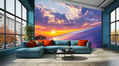 Panel solar energy photovoltaic power roof sun home cell system green house eco industry. Solar energy building panel future electric engineer technology ecology sunset nature station sky light work Wall mural