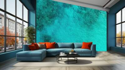 Aerial view of clear turquoise water with subtle waves and underwater textures. Wall mural