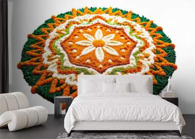 Colorful Indian Rangoli design with intricate patterns using vibrant colors, representing cultural art and festival decoration. Wall mural